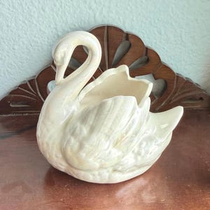 Vintage Whimsical Iridescent Pearlized Ceramic Swan Planter | Hand-Signed Artist Studio Pottery Catchall 80s