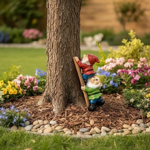 May include: Two garden gnomes climbing a wooden ladder next to a tree trunk. One gnome wears a red hat and jacket, the other a green jacket and hat. The scene is set in a garden with colourful flowers and a green lawn.