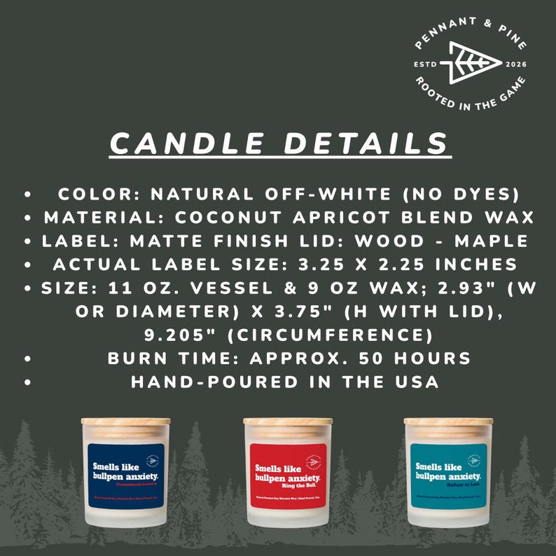 May include: Three glass candles with wooden lids, each with a label that reads "Smells like bullpen anxiety." The candle details are listed, including the natural off-white color, coconut apricot blend wax, and matte finish wood lid.
