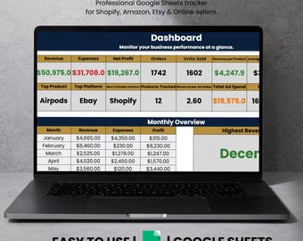 May include: A laptop screen displaying an Ecommerce Business Dashboard Google Sheets tracker. The interface shows tables with financial data including revenue, expenses, net profit, orders, and units sold, alongside a monthly overview table.