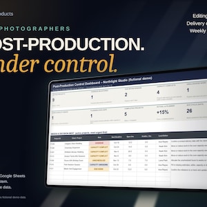 May include: A digital post-production control dashboard for photographers displayed on a screen. The interface features project metrics, deadlines, and a table titled Needs a Decision Next with columns for Project ID, Client, Risk, and Lead Editor.