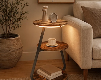 3-Tier Round Wooden Side Table with LED Light | Rustic Modern Accent Shelf