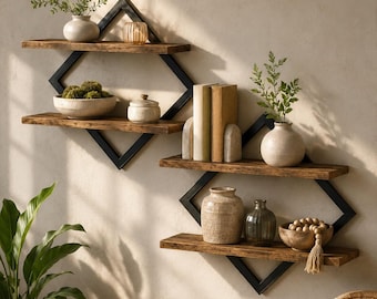 Estantes flotantes de diamante de 2 niveles / Estante de almacenamiento de pared de metal de estilo rústico industrial