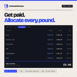 May include: A digital budget spreadsheet titled UKWealthSheets featuring the text Get paid. Allocate every pound. The interface displays a table with categories including Rent, Council Tax, Utilities, ISA, Supermarket, and Rail, with columns for Budget, Spent, and Left, plus an Unallocated total of £0.00.