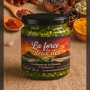 Peut inclure: Un bocal en verre rempli de piments verts tranchés, avec un couvercle noir et une étiquette portant le texte La force des deux îles, L'artisanat de La Réunion & Madagascar, et POIDS NET 106 ml, entouré de diverses épices, d'ail et de citron vert.