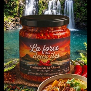 Peut inclure: Un bocal en verre de pâte de piment rouge avec un couvercle noir, étiqueté La force des deux îles, L'artisanat de La Réunion & Madagascar, pimentdesdeuxiies@gmail.com 106ml, à côté d'un bol en céramique contenant un ragoût aux pommes de terre.