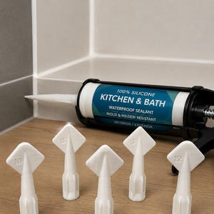 Pode incluir: Uma pistola de calafetagem preta carregada com um tubo de selante impermeável 100% silicone para cozinha e banho, resistente a mofo, para uso interno e externo. Cinco bicos aplicadores de plástico branco com os números 10, 8, 3 e 12.
