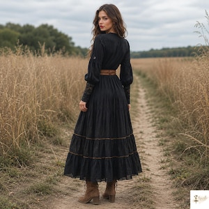 Black Boho Maxi Dress, Long Sleeve Embroidered Gothic Dress, Tencel Lyocell Witchy Cottagecore Gown image 4