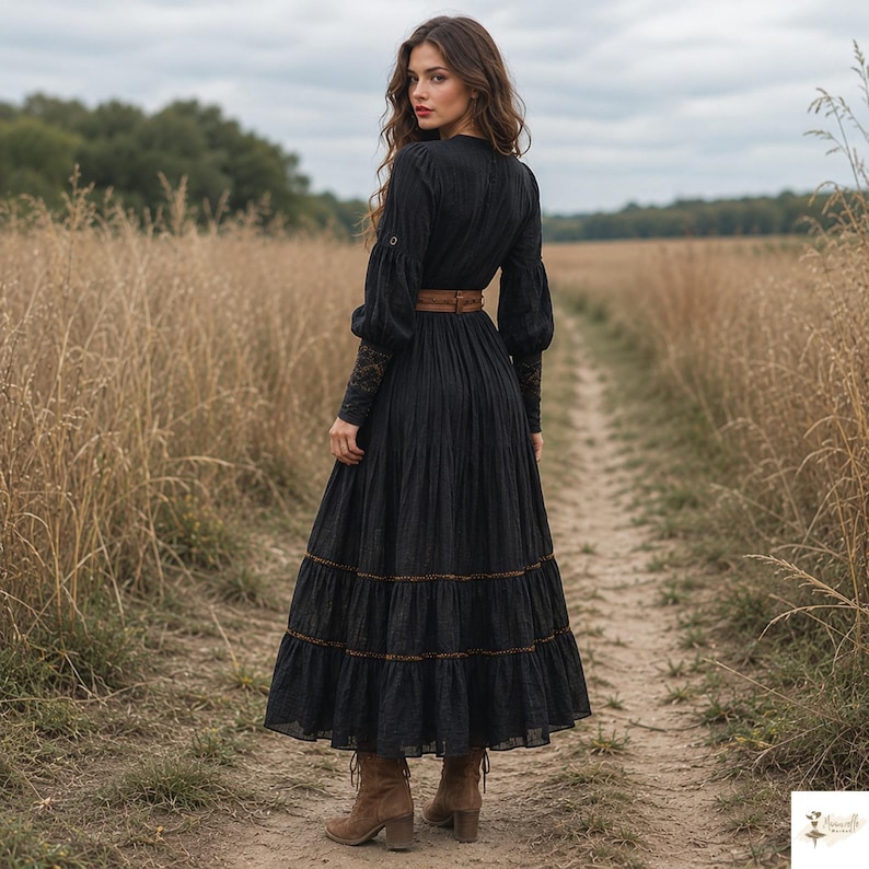 Black Boho Maxi Dress, Long Sleeve Embroidered Gothic Dress, Tencel Lyocell Witchy Cottagecore Gown image 4
