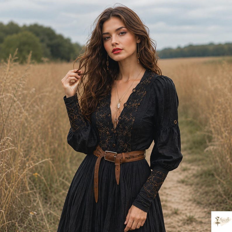 Black Boho Maxi Dress, Long Sleeve Embroidered Gothic Dress, Tencel Lyocell Witchy Cottagecore Gown image 5