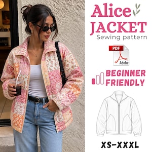 Peut inclure: Une veste matelassée avec un patchwork de motifs floraux roses, orange et blancs. Le texte indique Alice JACKET Sewing pattern, PDF, BEGINNER FRIENDLY et XS-XXXL. Un dessin au trait montre la structure de la veste avec fermeture et poches.