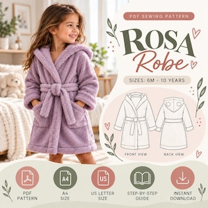 Puede incluir: Un patrón de costura en PDF para la bata Rosa, que muestra una bata con capucha de color lavanda con cinturón y bolsillos. El gráfico incluye dibujos lineales frontales y traseros, tallas de 6M a 10 años e iconos de PDF, A4, US Letter, guía y descarga.