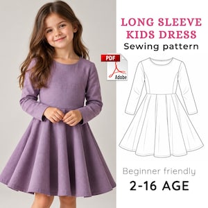 May include: A long sleeve dress in a solid lavender colour with a round neckline and a flared skirt. The image includes text reading LONG SLEEVE KIDS DRESS Sewing pattern, PDF Adobe, Beginner friendly, and 2-16 AGE, alongside a black and white line drawing.
