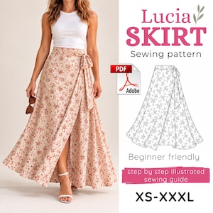 May include: A digital sewing pattern for a Lucia skirt, featuring a wrap-style design with a floral print. The document includes a line drawing of the skirt, a PDF icon, and text stating 'Lucia SKIRT Sewing pattern', 'Beginner friendly', 'step by step illustrated sewing guide', and 'XS-XXXL'.