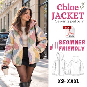 May include: A quilted jacket with a multicolored wavy pattern in pastel tones, featuring a hood, long sleeves, and a front zipper. The text reads Chloe JACKET Sewing pattern, PDF, BEGINNER FRIENDLY, and XS-XXXL, with a line drawing of the jacket.