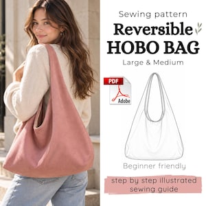 Könnte beinhalten: Ein Schnittmuster für eine wendbare Hobo-Tasche in den Größen Large und Medium. Das digitale PDF enthält eine bebilderte Schritt-für-Schritt-Nähanleitung. Das Bild zeigt eine altrosa Hobo-Tasche und eine schwarz-weiße Linienskizze.