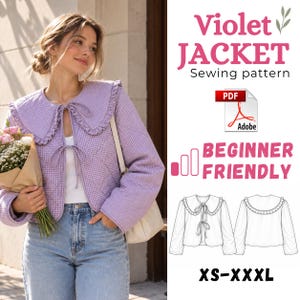 May include: A light purple quilted jacket with a large ruffled collar and tie-front closures. The image includes text reading Violet JACKET Sewing pattern, PDF, Adobe, BEGINNER FRIENDLY, and XS-XXXL, alongside a technical line drawing of the garment.