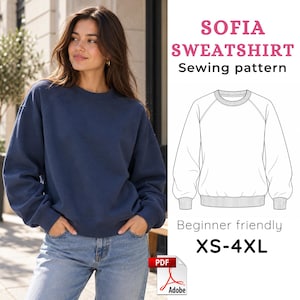 Puede incluir: Una sudadera azul marino de manga larga con cuello redondo y puños acanalados. La imagen incluye un dibujo técnico de la prenda y el texto: SOFIA SWEATSHIRT Sewing pattern, Beginner friendly, XS-4XL, junto con un icono de PDF.