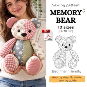 May include: A sewing pattern for a memory bear, featuring a PDF icon and text stating 10 sizes from 12-30 cm. The image shows a patchwork teddy bear made of floral, gingham, and polka dot fabrics in pink, blue, green, and cream, alongside a line drawing.