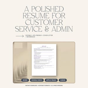 Op de afbeelding: Een digitaal cv-sjabloon voor klantenservice- en administratieve functies. Het document bevat zwarte tekst op een witte achtergrond, inclusief secties voor professionele samenvatting, vaardigheden, opleiding en ervaring. Compatibel met Word, Google Docs, Apple Pages en Canva.