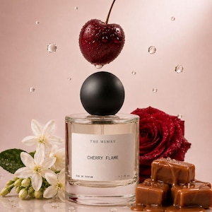May include: A clear glass perfume bottle with a black spherical cap, labeled THE MEMRY CHERRY FLAME EAU DE PARFUM 1.7 fl oz. A dark red cherry floats above the cap, surrounded by white jasmine flowers, a red rose, and caramel cubes.