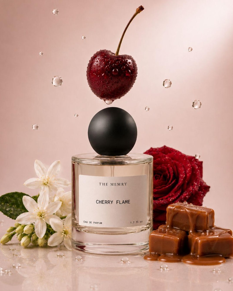 May include: A clear glass perfume bottle with a black spherical cap, labeled THE MEMRY CHERRY FLAME EAU DE PARFUM 1.7 fl oz. A dark red cherry floats above the cap, surrounded by white jasmine flowers, a red rose, and caramel cubes.
