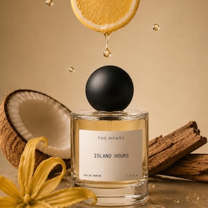 May include: A clear glass perfume bottle with a matte black spherical cap, labeled THE MEMRY ISLAND HOURS EAU DE PARFUM 1.7 fl oz. It is surrounded by a halved coconut, a yellow flower, and a slice of lemon with a single drop of juice falling.