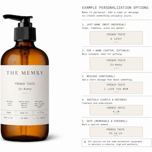 May include: An amber glass bottle with a black pump dispenser and a white label reading THE MEMRY, FRENCH TASTE for Avery, 236ml, 8 fl oz, and body oil. To the right, a list of five example personalization options with text samples.