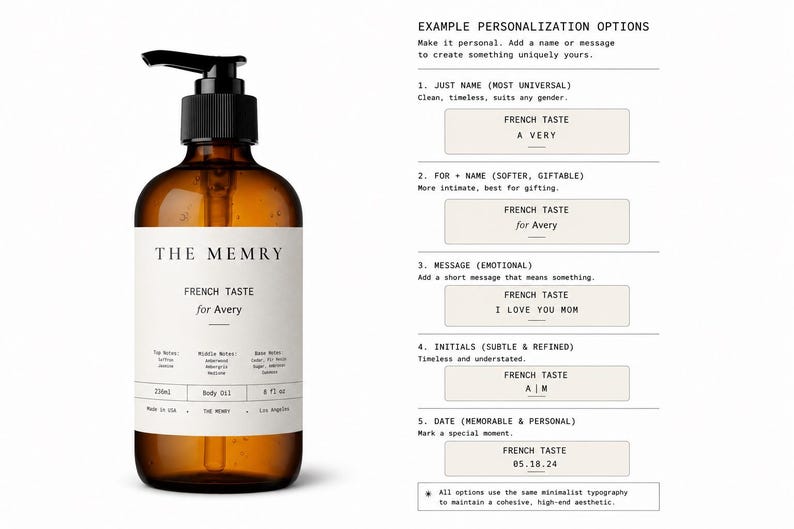May include: An amber glass bottle with a black pump dispenser and a white label reading THE MEMRY, FRENCH TASTE for Avery, 236ml, 8 fl oz, and body oil. To the right, a list of five example personalization options with text samples.