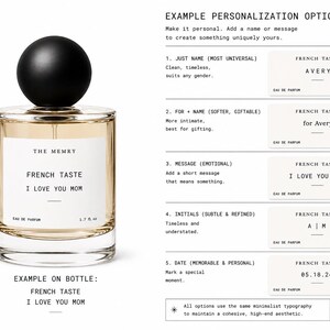 May include: A clear glass perfume bottle with a round black cap and light amber liquid. The white label reads THE MEMRY, FRENCH TASTE, I LOVE YOU MOM, EAU DE PARFUM, and 1.7 fl oz. Next to it are five examples of personalized text options.