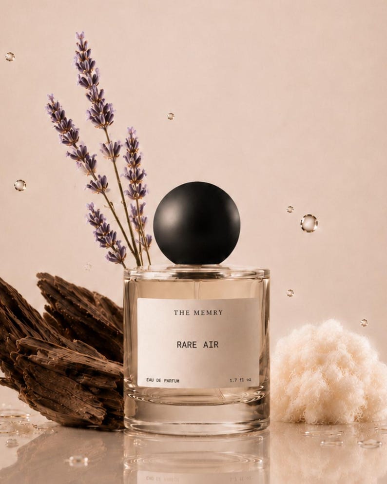 May include: A clear glass perfume bottle with a black spherical cap, featuring a white label that reads THE MEMRY RARE AIR EAU DE PARFUM 1.7 fl oz. The bottle is surrounded by sprigs of purple lavender, a piece of dark wood, and white fiber.