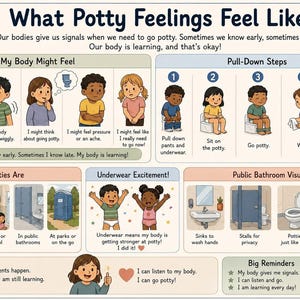 以下が含まれることがあります： 「What Potty Feelings Feel Like」と題された教育ポスター。子供たちのイラストと、おしっこトレーニングのための体のシグナル、ステップ、リマインダーを説明するテキストが特徴です。さまざまなバスルームの設定の画像が含まれています。