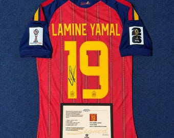 Camiseta de local de Lamine Yamal 19 para el Mundial de España 2026, estilo firmada.