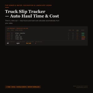 Può includere: Un'interfaccia di foglio di calcolo digitale Truck Slip Tracker per squadre di fognature, acqua, scavi e paesaggistica. Il display a tema scuro presenta colonne per numeri di bolla, ID camion, nomi dei conducenti, materiali, ore e costi totali.