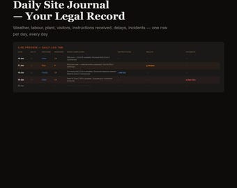 Daily Site Journal Excel & Google Sheets — Weather, Labour, Instructions, Delays, Weekly Summary, Legal Record