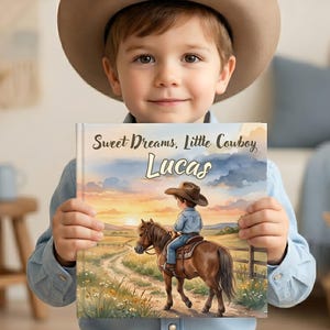 Op de afbeelding: Een vierkant hardcover boek met de titel Sweet Dreams, Little Cowboy Lucas. De kaft toont een illustratie van een kind met een cowboyhoed op een bruin paard op een zandpad door een veld tijdens een zonsondergang.