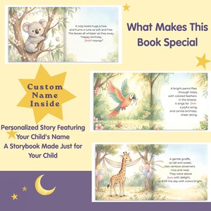 May include: A personalized storybook featuring illustrations of a koala, a parrot, and a giraffe in a forest setting. The pages include text about birthday celebrations and the name Josie. The layout displays the book content and promotional text.