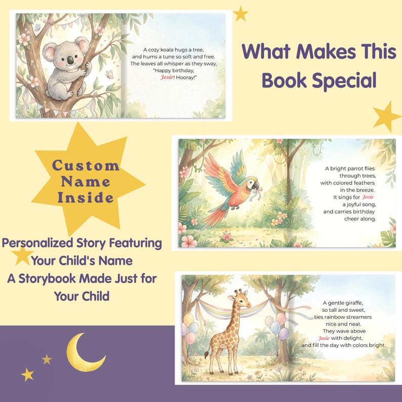 May include: A personalized storybook featuring illustrations of a koala, a parrot, and a giraffe in a forest setting. The pages include text about birthday celebrations and the name Josie. The layout displays the book content and promotional text.