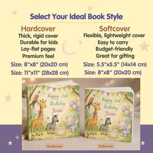 May include: A comparison chart for hardcover and softcover books featuring a giraffe, zebra, and elephant illustration with the text 'Happy 2nd Birthday Josie'. Hardcover sizes are 8"x8" and 11"x11". Softcover sizes are 5.5"x5.5" and 8"x8".