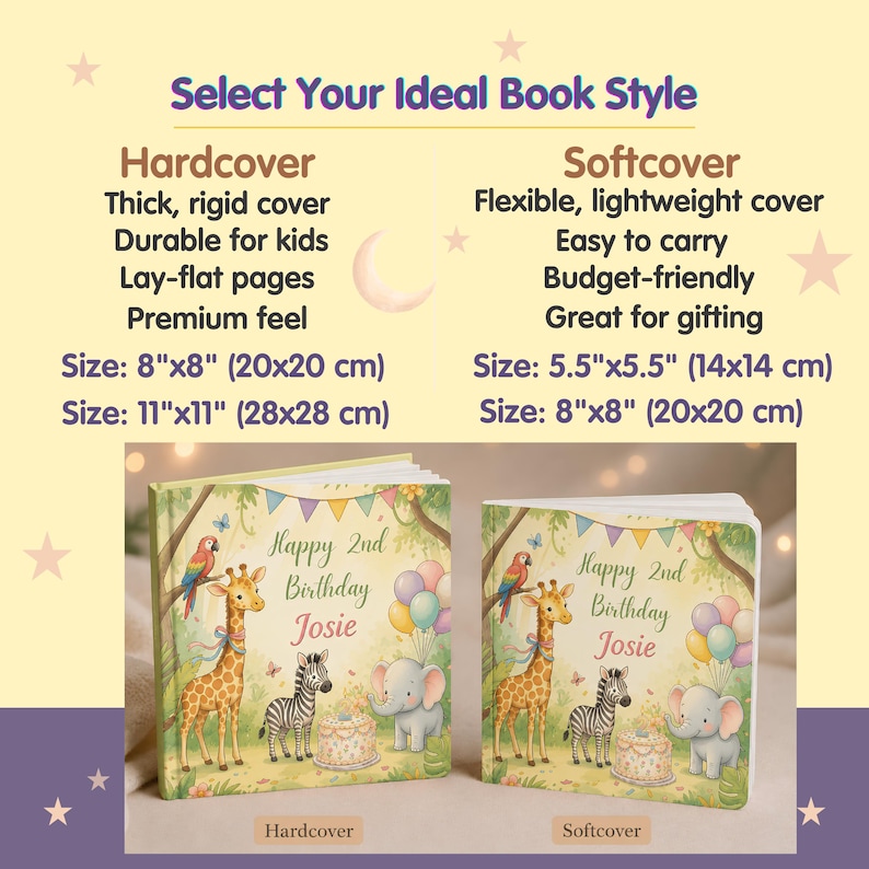 May include: A comparison chart for hardcover and softcover books featuring a giraffe, zebra, and elephant illustration with the text 'Happy 2nd Birthday Josie'. Hardcover sizes are 8"x8" and 11"x11". Softcover sizes are 5.5"x5.5" and 8"x8".