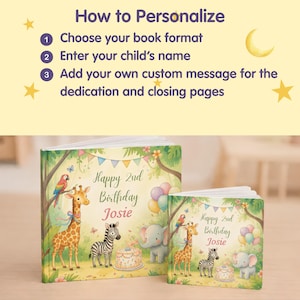 May include: Two personalized children's books with jungle animal illustrations including a giraffe, zebra, elephant, and parrot. The covers feature the text 'Happy 2nd Birthday Josie' and colorful balloons. The top section includes 'How to Personalize' instructions.