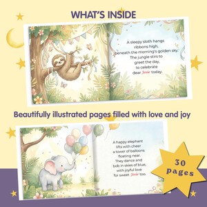 May include: A children's book with 30 pages featuring watercolor illustrations of a sloth hanging from a tree and an elephant holding balloons. The text reads: A sleepy sloth hangs ribbons high, beneath the morning's golden sky. A happy elephant lifts with cheer a tower of balloons floating near.