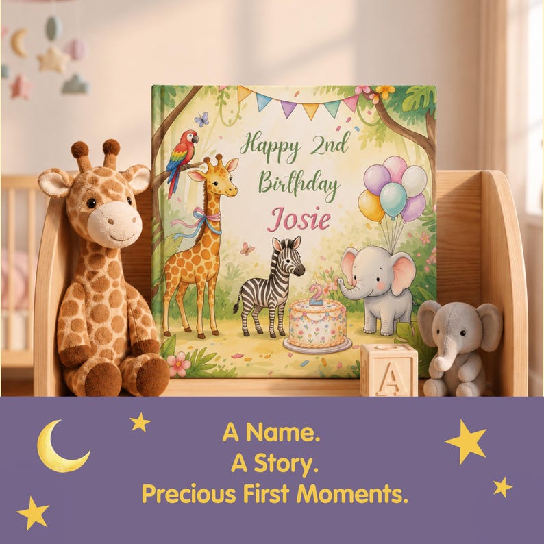 May include: A square hardcover book titled Happy 2nd Birthday Josie, featuring illustrations of a giraffe, zebra, elephant, and parrot in a jungle setting with balloons and a cake. A plush giraffe and elephant sit beside the book on a wooden shelf.