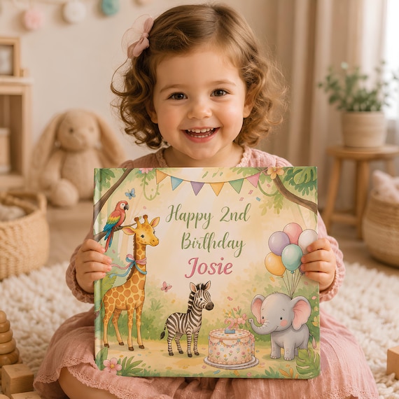Personalized 2nd Birthday Book for Kids, Safari Animal Storybook Gift, Custom Name Jungle Book, 2 Year Old Boy Girl Gift, Keepsake