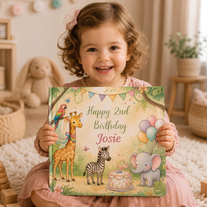May include: A square hardcover book featuring a colorful jungle illustration with a giraffe, zebra, elephant, and parrot. The text reads Happy 2nd Birthday Josie in green and pink script. The cover includes a birthday cake and balloons.