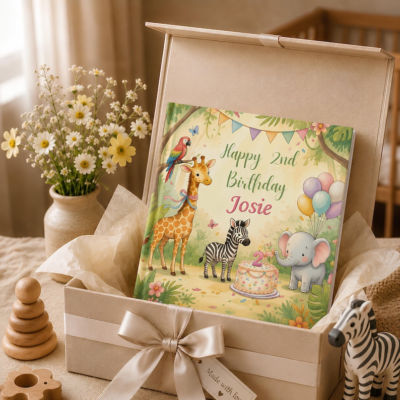 May include: A square gift box containing a personalized book with a jungle theme. The cover features a giraffe, zebra, elephant, and parrot with the text Happy 2nd Birthday Josie. The box is tied with a satin ribbon and includes a gift tag.