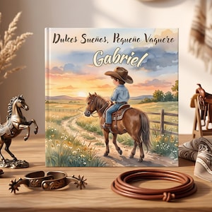 May include: A square hardback book featuring a sunset illustration of a child in a cowboy hat riding a brown horse on a dirt path. The text reads Dulces Sueños, Pequeño Vaquero and Gabriel. The cover displays a rural landscape with a wooden fence.
