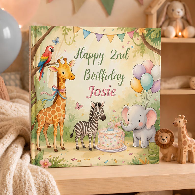 May include: A square book cover featuring a jungle theme with a giraffe, zebra, and elephant. The text reads Happy 2nd Birthday Josie. A parrot sits on a tree branch, and a birthday cake with a number two candle sits near the elephant holding balloons.