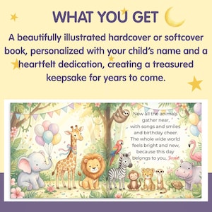 May include: A personalized children's book featuring a colorful illustration of jungle animals at a birthday party. The text reads: Now all the animals gather near, with songs and smiles and birthday cheer. The whole wide world feels bright and new, because this day belongs to you, Josie!