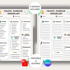 Plantilla editable de Canva para lista de equipaje de viaje, organizador definitivo de maletas de viaje, planificador de viajes minimalista en PDF, artículos esenciales para viajes familiares en PDF